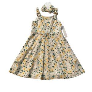 Tahari Girls 6 Yellow, Green & Beige Floral Sleeveless Eyelet Dress & Headband